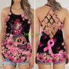 Sugar Skull Girl Floral Breast Cancer Yoga Fitness Criss Cross Tank Top Product Photo 1