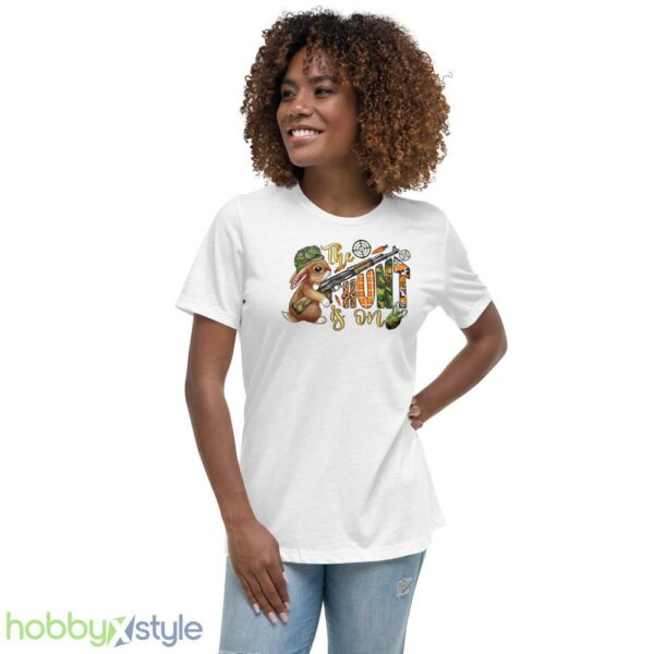 The Hunt Is On Shirt, Easter Carrot and Camouflage Eggs Shirt - Women's Relaxed Short Sleeve Jersey Tee