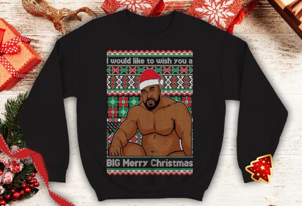 Barry Wood wish Big Merry Christmas Ugly Funny meme inspired Crewneck sweatshirt Santa xmas party sitting on a bed - 260523-084543