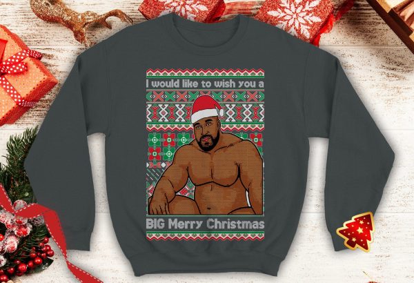 Barry Wood wish Big Merry Christmas Ugly Funny meme inspired Crewneck sweatshirt Santa xmas party sitting on a bed - 260523-084544