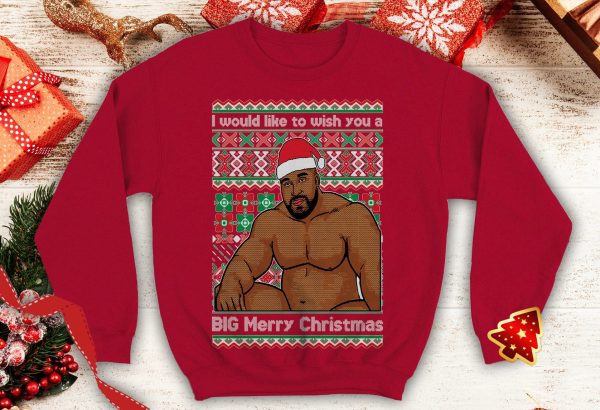 Barry Wood wish Big Merry Christmas Ugly Funny meme inspired Crewneck sweatshirt Santa xmas party sitting on a bed - 260523-084547