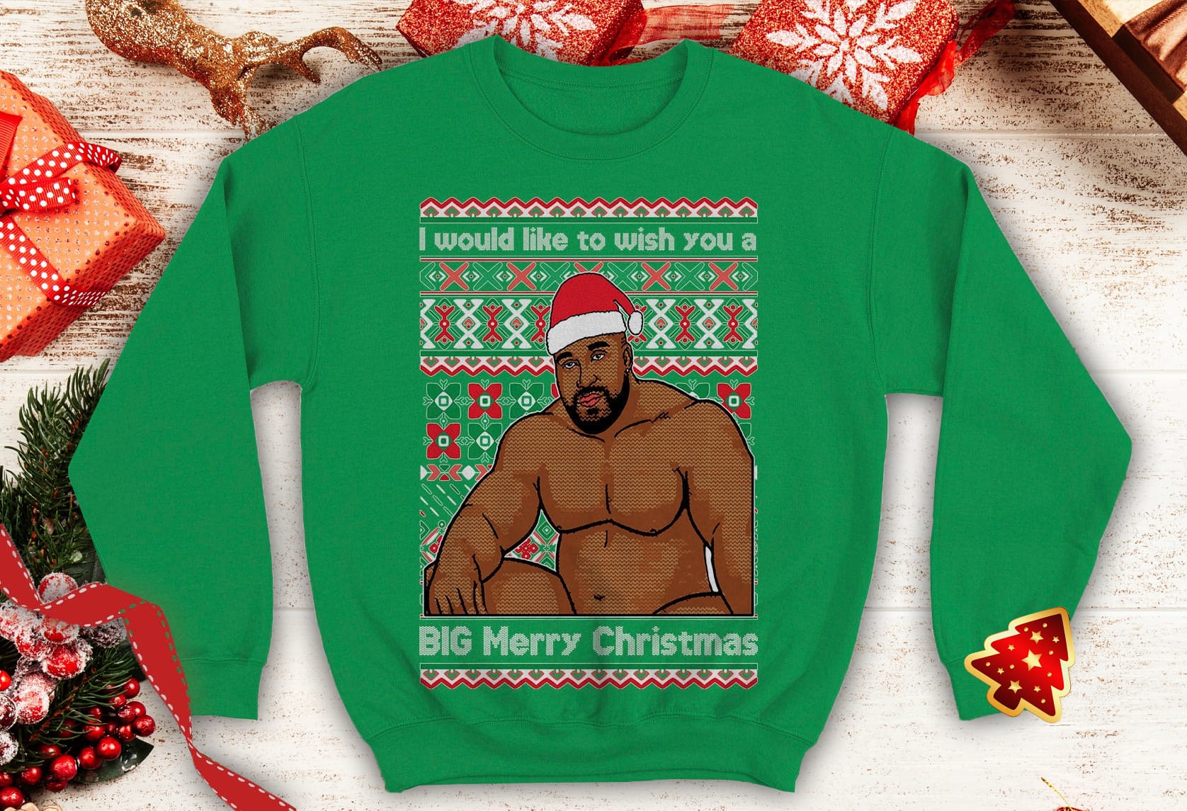 Barry Wood wish Big Merry Christmas Ugly Funny meme inspired Crewneck sweatshirt Santa xmas party sitting on a bed - 260523-084540