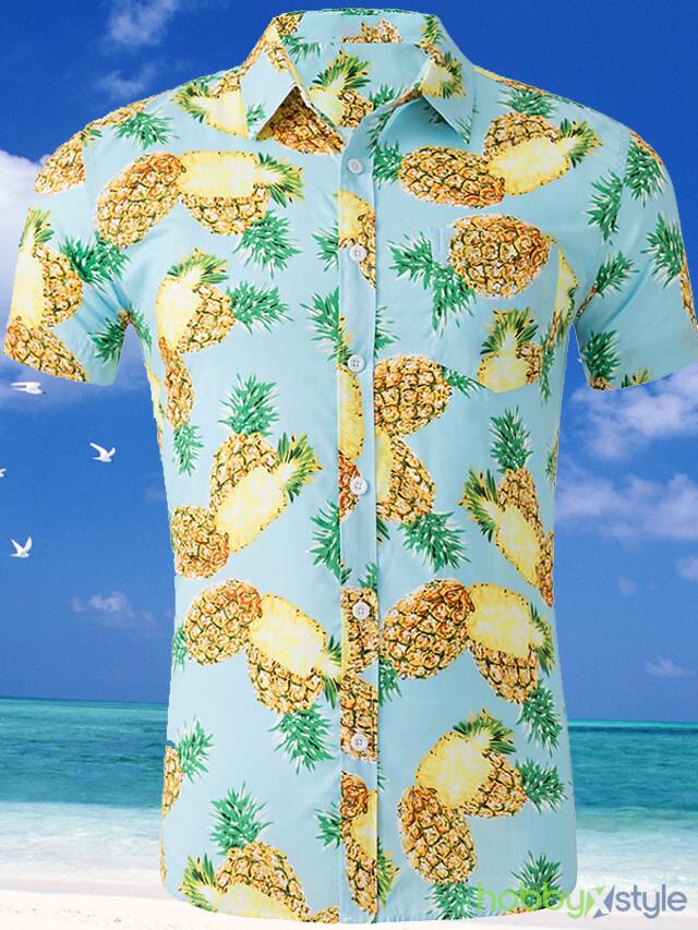 Beach Shirt Light Brown Pineapple Flower Lapel Holiday Daily Wear Print Hawaiian Shirt - Beach Shirt Light Brown Pineapple Flower Lapel Holiday Daily Wear Print Hawaiian Shirt