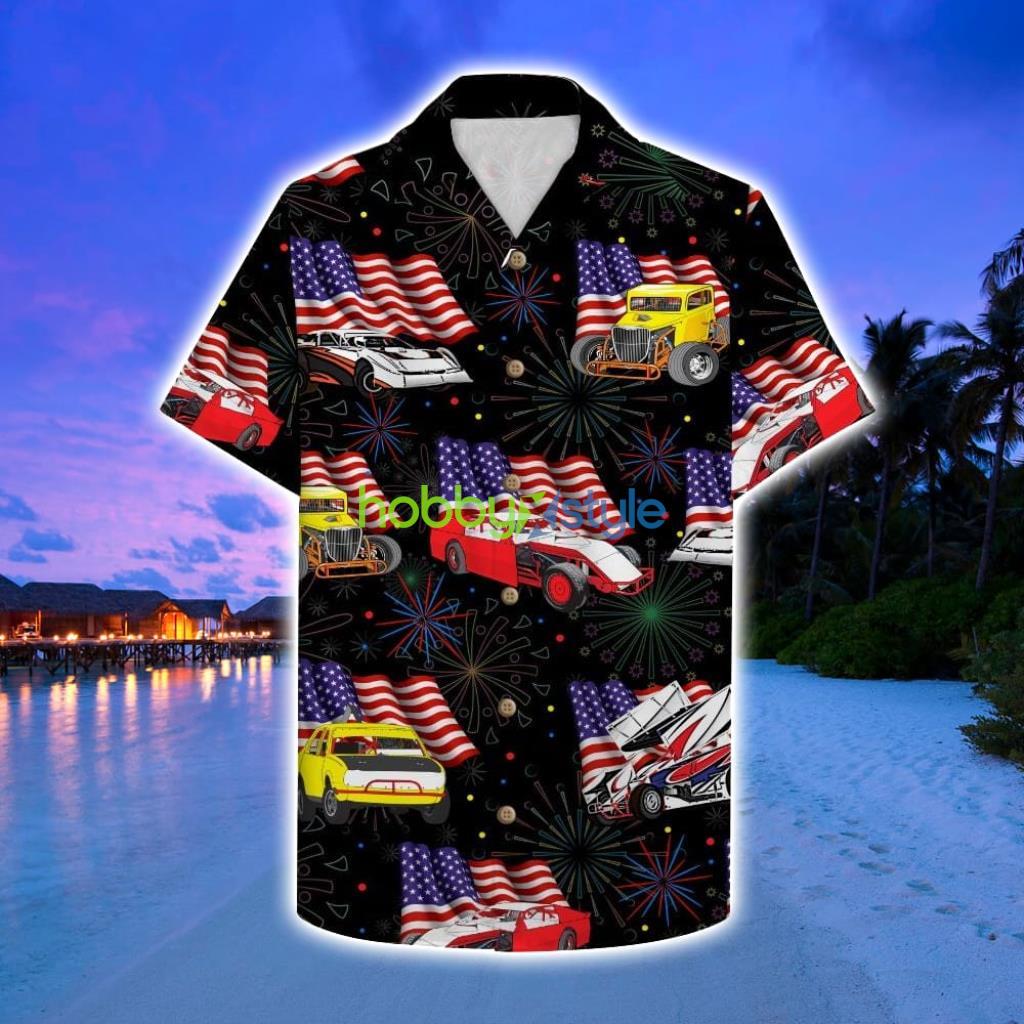 Dirt Track Racing Hawaii Shirt With Car And Flag Pattern - Dirt Track Racing Hawaii Shirt With Car And Flag Pattern