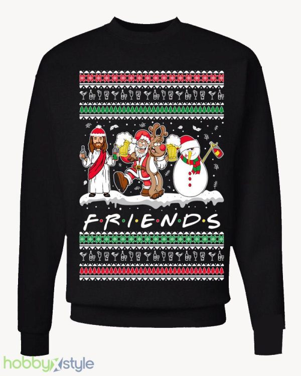 friends Drunk Jesus Rudolph Ugly Funny Santa snowman xmas party Drinking beer Crewneck sweatshirt - friends Drunk Jesus Rudolph Ugly Christmas Sweater Funny Santa snowman xmas party Drinking beer Crewneck sweatshirt_1
