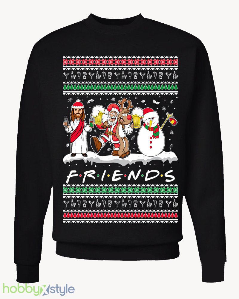 friends Drunk Jesus Rudolph Ugly Funny Santa snowman xmas party Drinking beer Crewneck sweatshirt - friends Drunk Jesus Rudolph Ugly Christmas Sweater Funny Santa snowman xmas party Drinking beer Crewneck sweatshirt_1