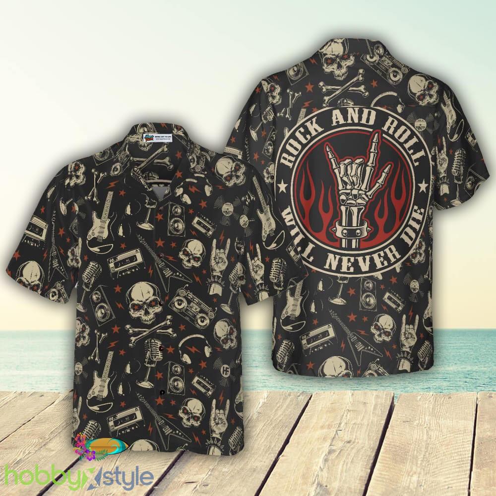 Rock N Roll Will Never Die 3D Hawaiian Shirt, Electric Guitar Skull And Crossbones 3D Hawaiian Shirt - Rock N Roll Will Never Die Hawaiian Shirt, Electric Guitar Skull And Crossbones Hawaiian Shirt_3