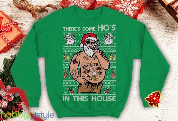 Santa Tattoo There's some Ho's in this House Ugly Funny inspired Crewneck sweatshirt Santa punk xmas - Santa Tattoo There's some Ho's in this House Ugly Christmas Sweater Funny inspired Crewneck sweatshirt Santa punk xmas_1