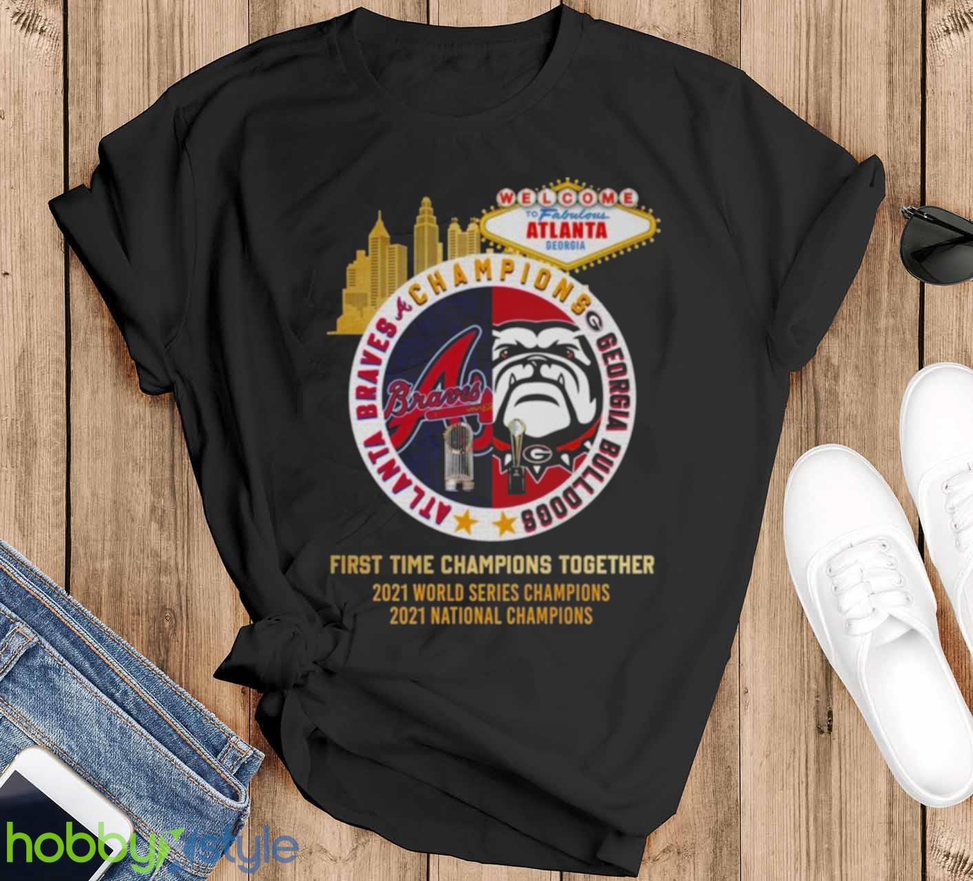 Alanta Braves Georgia Bulldogs Champions First Time Together 2023 Shirt - Black T-Shirt