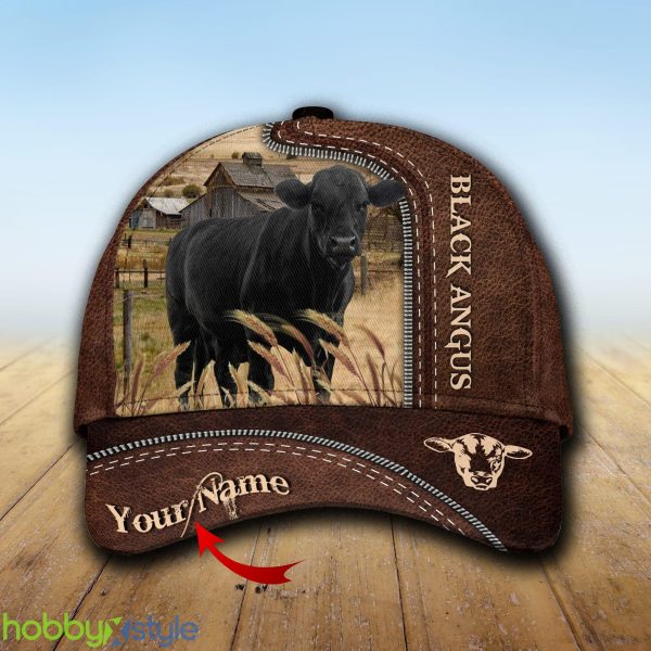 Black Angus Custom Name Leather Cap Hat Model For Men And Women Gift - Unijames Black Angus Customized Name Leather Pattern Cap_1