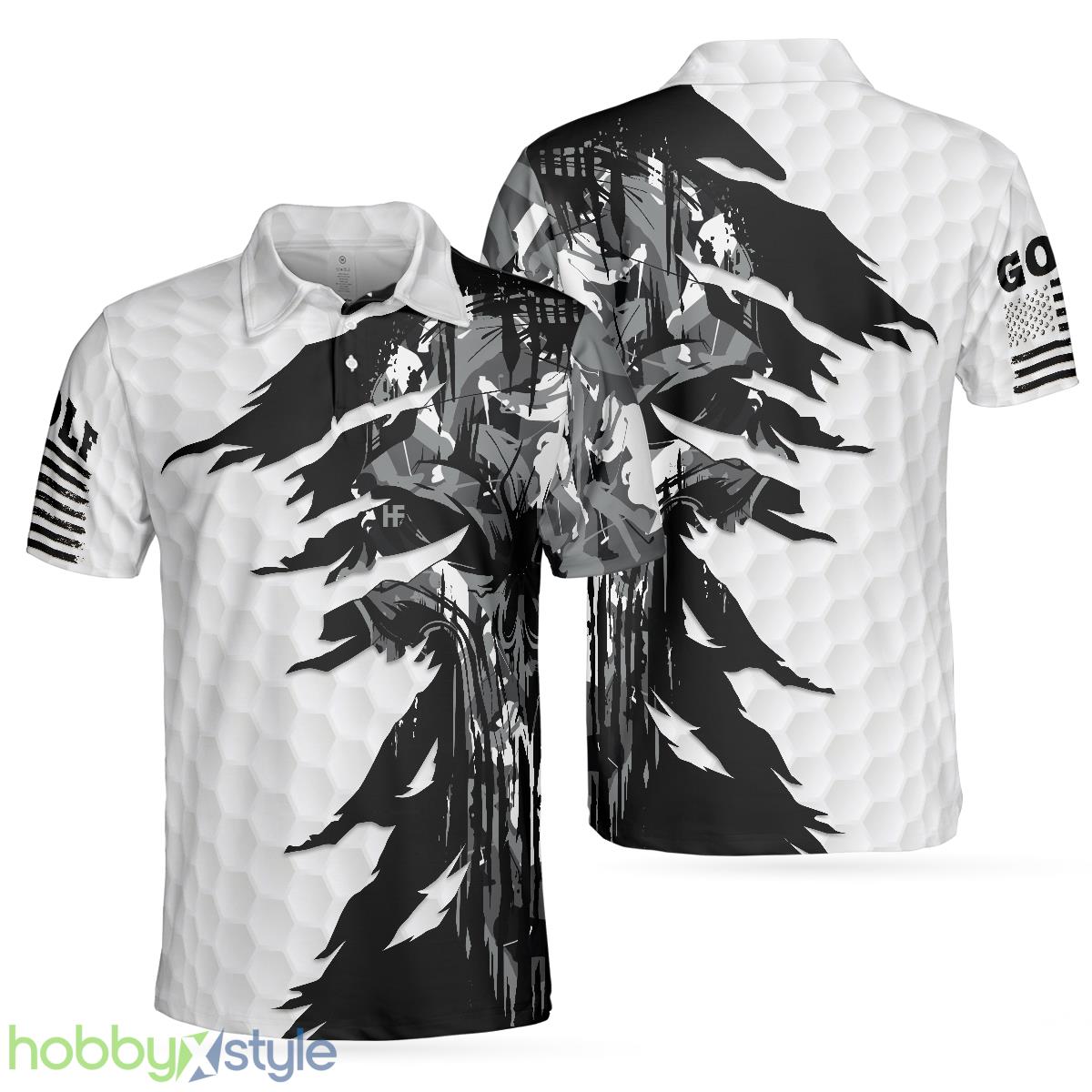Black & White Ripped Vintage Golfing Clubs Skull Camouflage, American Flag, Camo Golf Shirt Polo Shirt - Black & White Ripped Vintage Golfing Clubs Skull Camouflage Polo Shirt, American Flag Polo Shirt, Camo Golf Shirt For Men_1