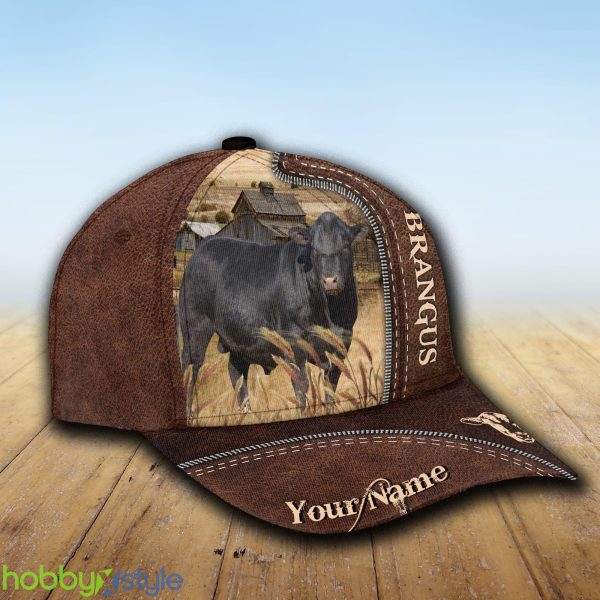 Brangus Custom Name Leather Cap Hat Model For Men And Women Gift - Unijames Brangus Customized Name Leather Pattern Cap_2