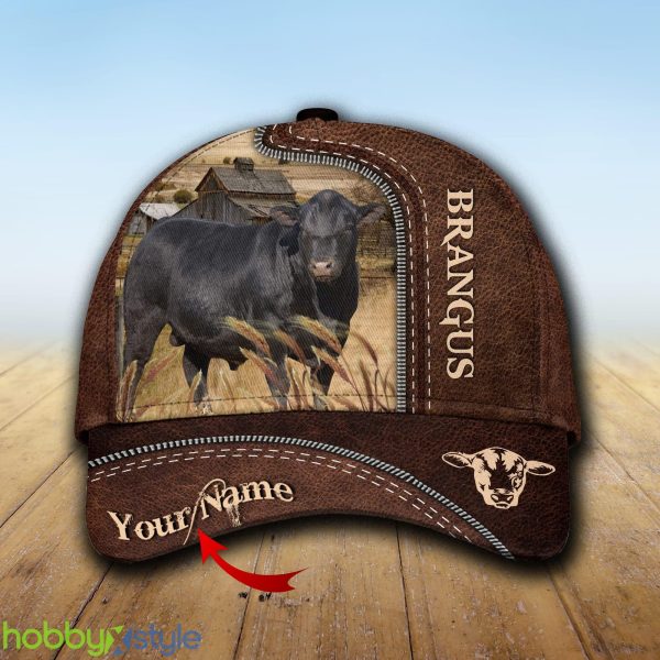 Brangus Custom Name Leather Cap Hat Model For Men And Women Gift - Unijames Brangus Customized Name Leather Pattern Cap_1