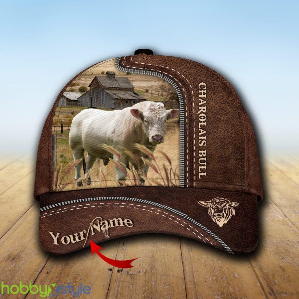 Charolais Bull Custom Name Leather Cap Hat Model For Men And Women Gift - Unijames Charolais Bull Customized Name Leather Pattern Cap_1