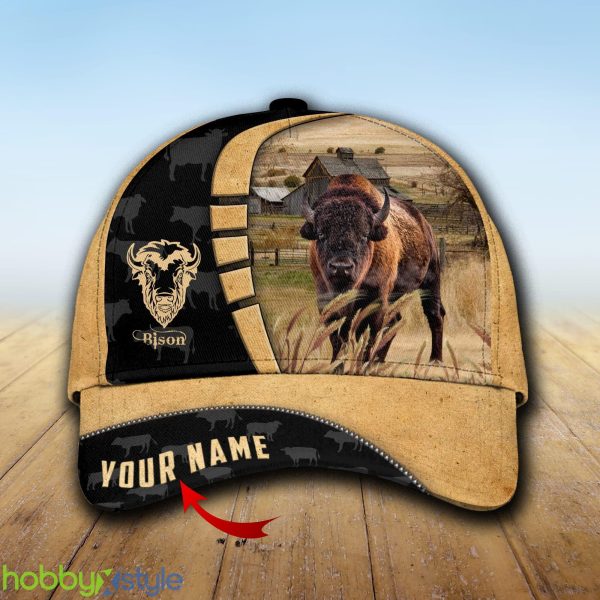 Custom Name Bison Cattle Farmhouse Field Cap Hat Model For Men And Women Gift - Unijames Custom Name Bison Cattle Farmhouse Field Cap TT18_1