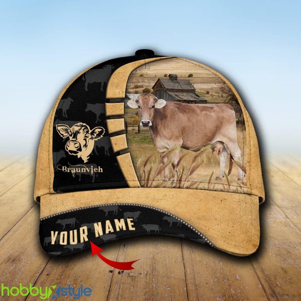 Custom Name Braunvieh Cattle Farmhouse Field Cap Hat Model For Men And Women Gift - Unijames Custom Name Braunvieh Cattle Farmhouse Field Cap TT7_1