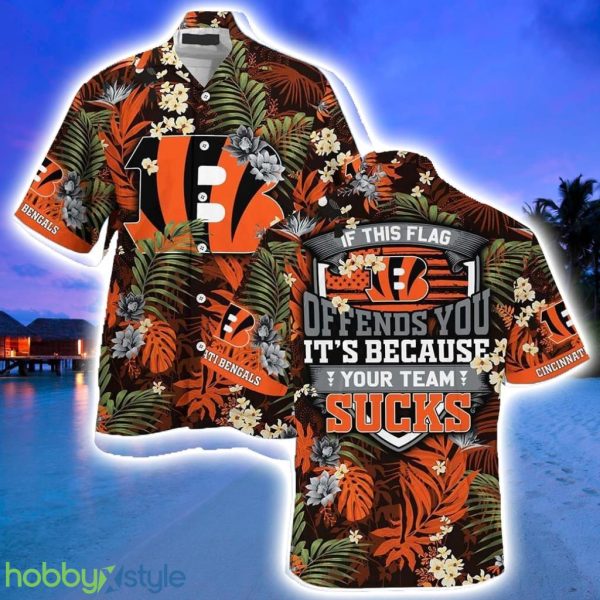 Cincinnati Bengals Hawaiian Shirt With Tropical Pattern - If This Flag Offends You It's Because You Team Sucks Product Photo 1