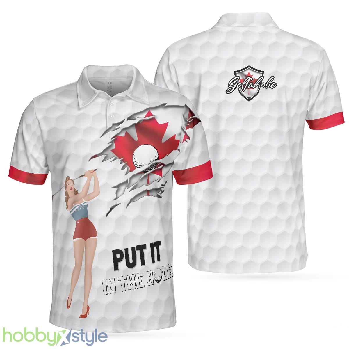 Golf Canada Flag Pin Up Girl, Canadian Golf Shirt Polo Shirt For Men And Women - Golf Canada Flag Pin Up Girl Polo Shirt, Canadian Golf Shirt For Men_1