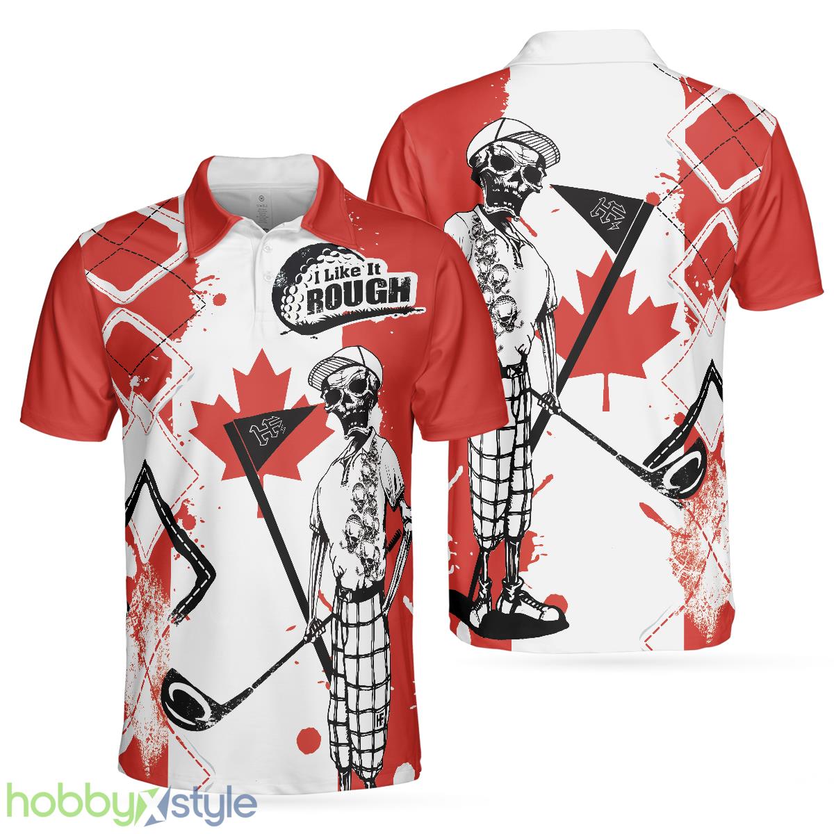 Golf I Like It Rough Canada Flag, Argyle Pattern Skeleton Golfing, Funny Golf Shirt Polo Shirt - Golf I Like It Rough Canada Flag Polo Shirt, Argyle Pattern Skeleton Golfing Polo Shirt, Funny Golf Shirt For Men_1