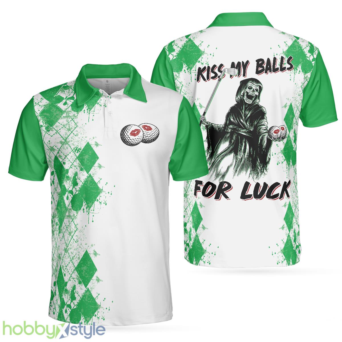 Golf Kiss My Balls, Green Argyle Pattern Golf Shirt Design, Scary Halloween Golf Gift For Golfers Polo Shirt - Golf Kiss My Balls Polo Shirt, Green Argyle Pattern Golf Shirt Design, Scary Halloween Golf Gift For Golfers_1
