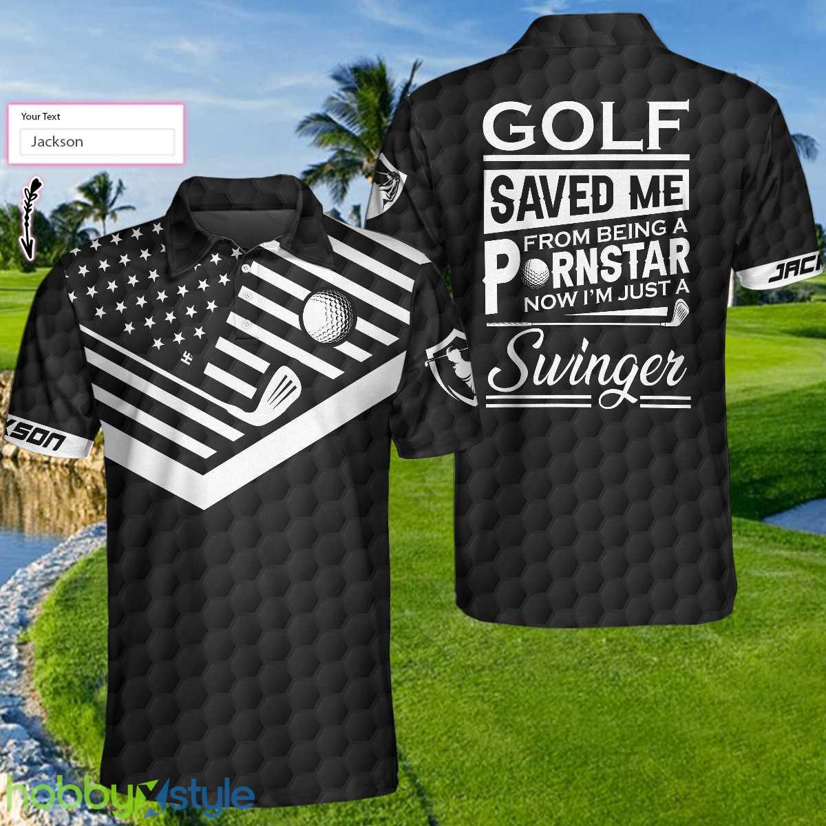 Golf Saved Me From Being A Pornstar, Funny American Flag Golf Shirt Polo Shirt Custom Name - Golf Saved Me From Being A Pornstar Custom Polo Shirt, Funny Personalized American Flag Golf Shirt For Men_1
