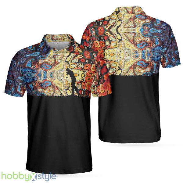 Golf Silhouette With Sky Wavy Abstract Seamless Pattern, Black Golf Shirt Polo Shirt - Golf Silhouette With Sky Wavy Abstract Seamless Pattern Polo Shirt, Black Golf Shirt For Men_1