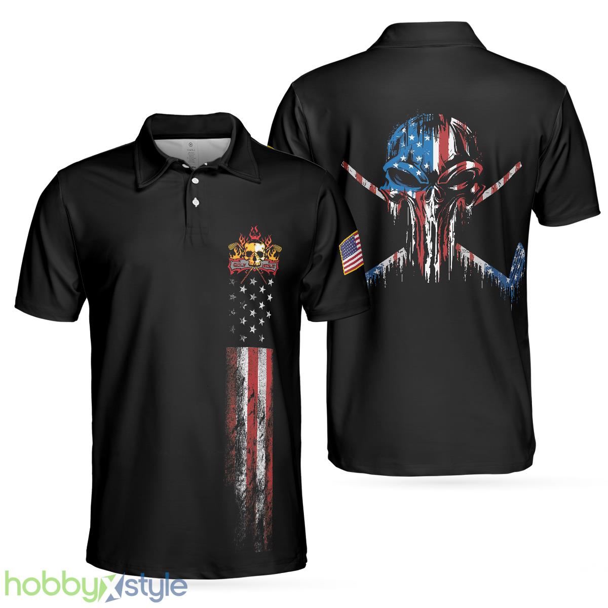 Golf Skull America Flag Short Sleeve, Wet Paint Black, Best Golf Shirt Polo Shirt - Golf Skull America Flag Short Sleeve Polo Shirt, Wet Paint Black Polo Shirt, Best Golf Shirt For Men_1
