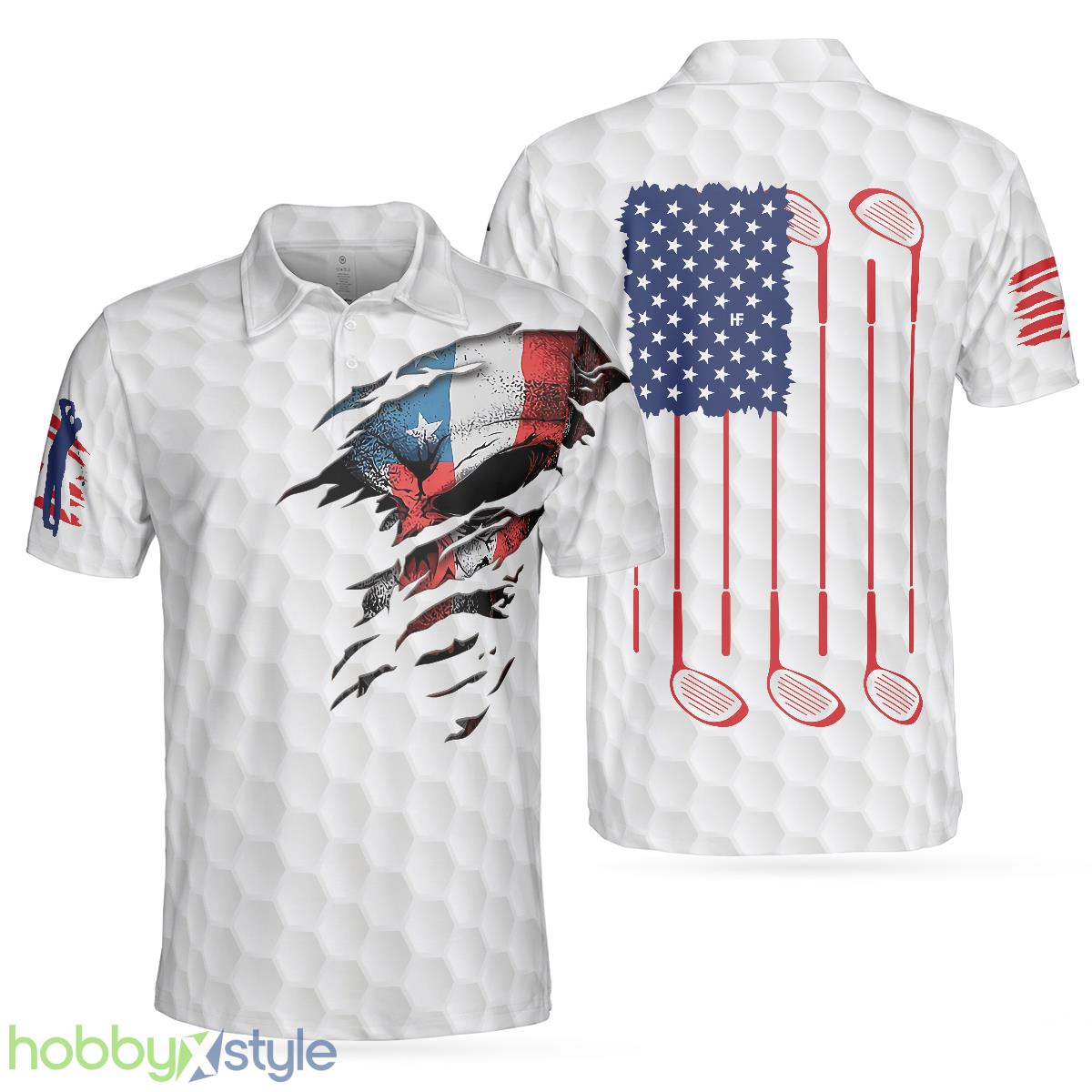 Golf Skull American Flag Short Sleeve, White Golf Pattern, Patriotic Golf Shirt Polo Shirt - Golf Skull American Flag Short Sleeve Polo Shirt, White Golf Pattern Polo Shirt, Patriotic Golf Shirt For Men_1