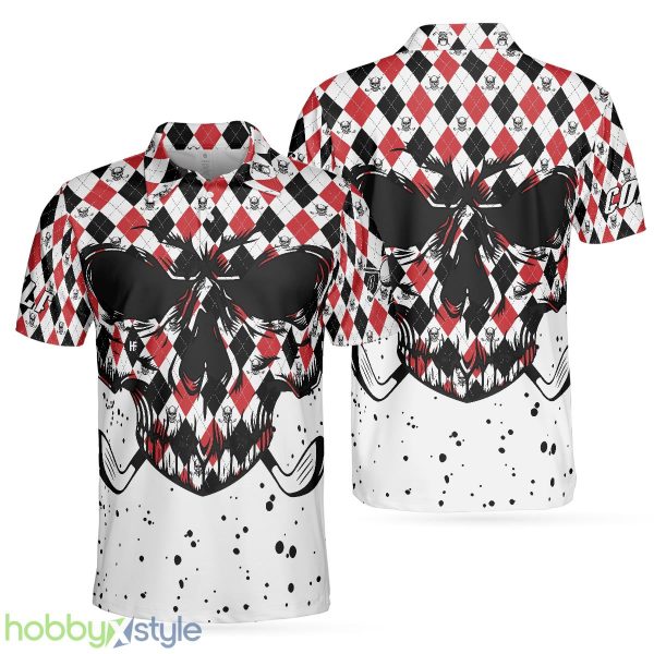 Golf Skull Red Black And White Pattern, Argyle Pattern, Best Golf Shirt Polo Shirt - Golf Skull Red Black And White Pattern Polo Shirt, Argyle Pattern Polo Shirt, Best Golf Shirt For Men_1
