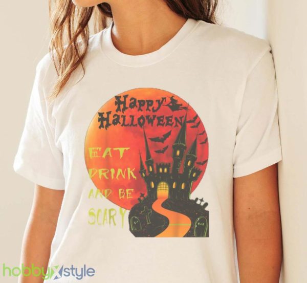 Happy Halloween Eat Drink And Be Scary Jack O Lantern Design T Shirt Product Photo 4