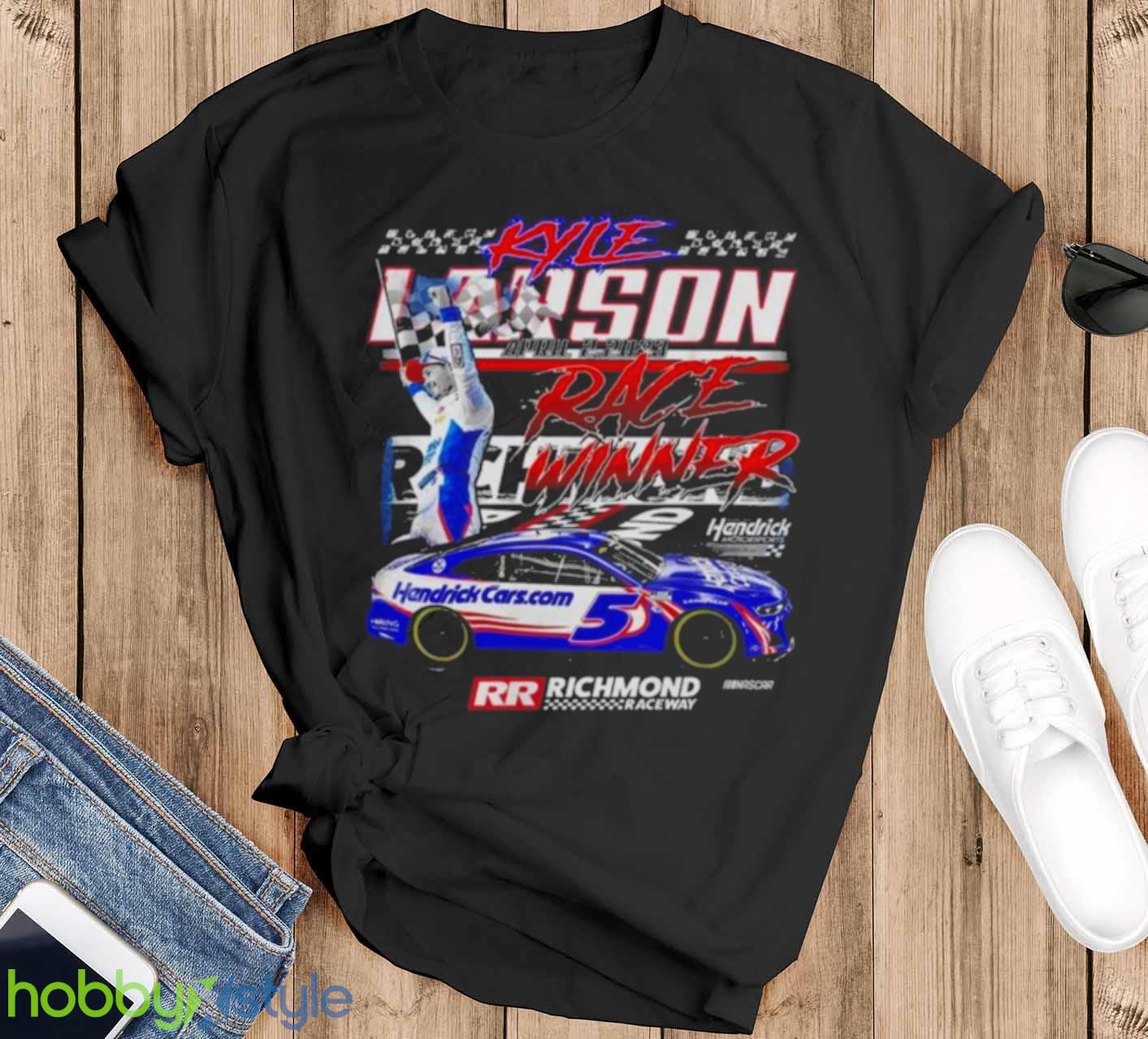 hendrick Motorsports 2023 Kyle Larson #5 Spring Richmond Race Win Shirt - Black T-Shirt
