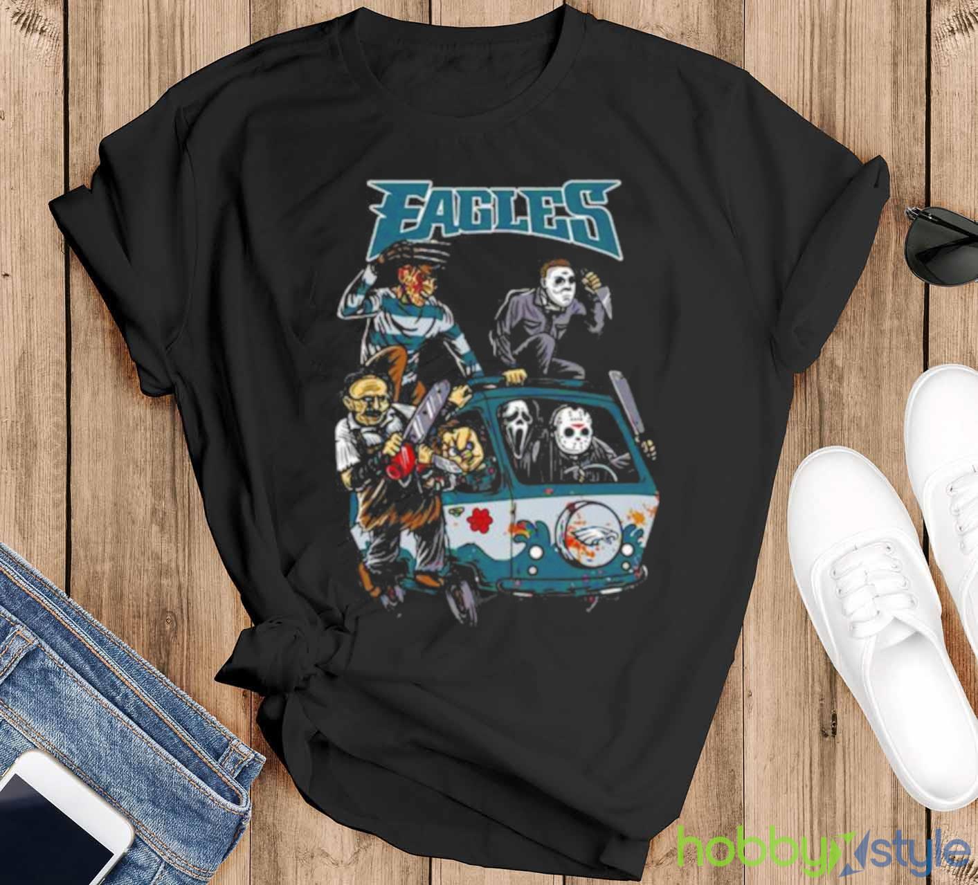 Horror Movies Characters Philadelphia Eagles Football Halloween 2023 shirt - Black T-Shirt
