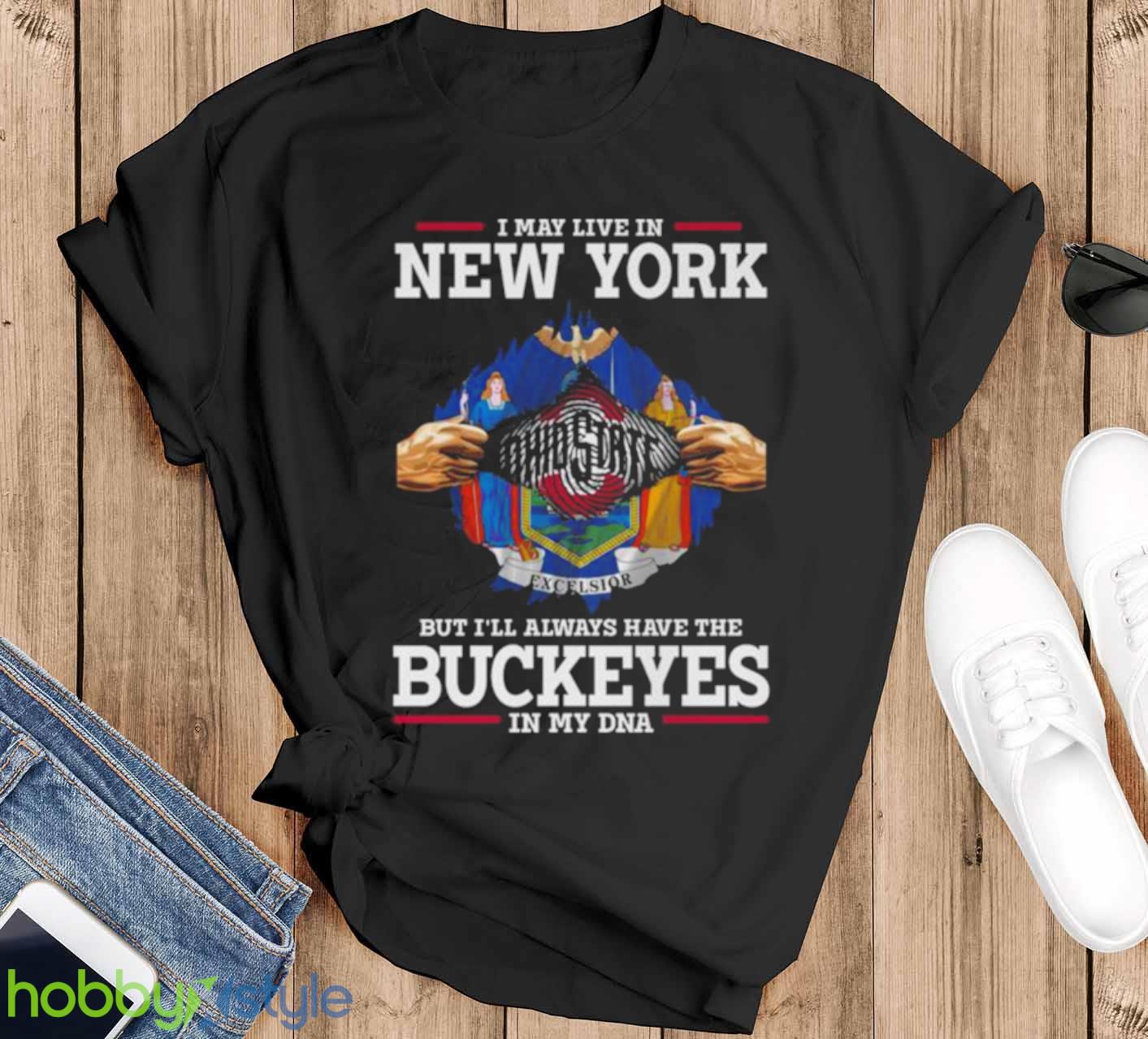 I May Live In New York But I’ll Always Have The Ohio State Buckeyes In My DNA 2023 shirt - Black T-Shirt