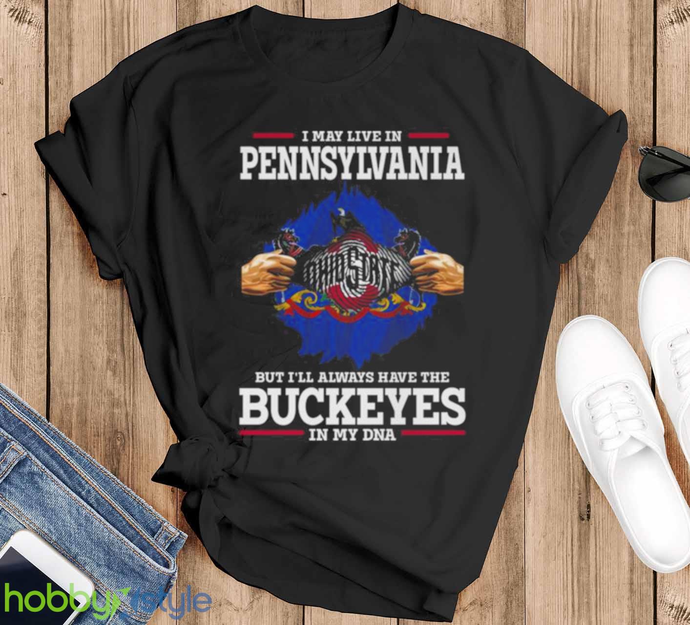 I May Live In Pennsylvania But I’ll Always Have The Ohio State Buckeyes In My DNA 2023 shirt - Black T-Shirt