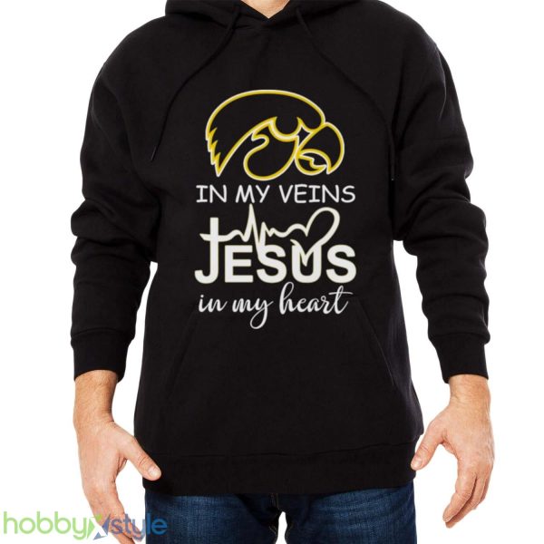 Iowa Hawkeyes Logo 2023 In My Veins Jesus In My Heart shirt - Men Black Hoodie