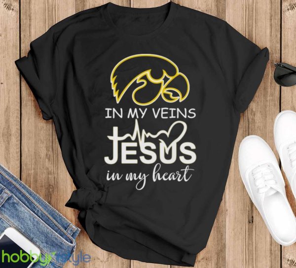 Iowa Hawkeyes Logo 2023 In My Veins Jesus In My Heart shirt - Black T-Shirt