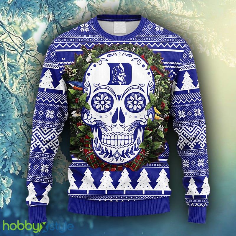 NCAA Christmas Duke Blue Devils Skull Flower Ugly Christmas Ugly Sweater For Men Women - NCAA Duke Blue Devils Skull Flower Ugly Christmas Ugly Sweater_1
