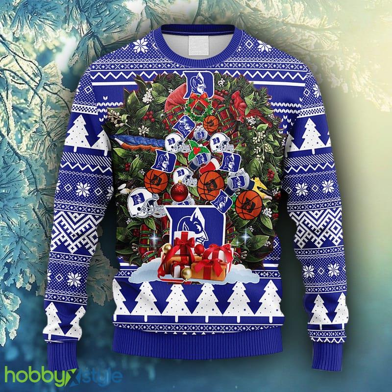 NCAA Christmas Duke Blue Devils Tree Ugly Christmas Fleece Sweater For Men Women - NCAA Duke Blue Devils Tree Ugly Christmas Fleece Sweater_1