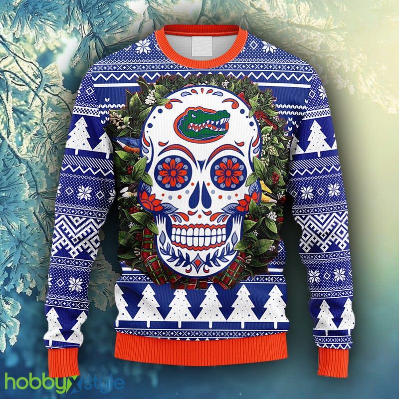 NCAA Christmas Florida Gators Skull Flower Ugly Christmas Ugly Sweater For Men Women - NCAA Florida Gators Skull Flower Ugly Christmas Ugly Sweater_1