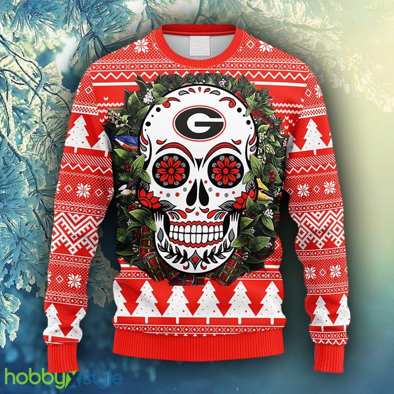 NCAA Christmas Georgia Bulldogs Skull Flower Ugly Christmas Ugly Sweater For Men Women - NCAA Georgia Bulldogs Skull Flower Ugly Christmas Ugly Sweater_1