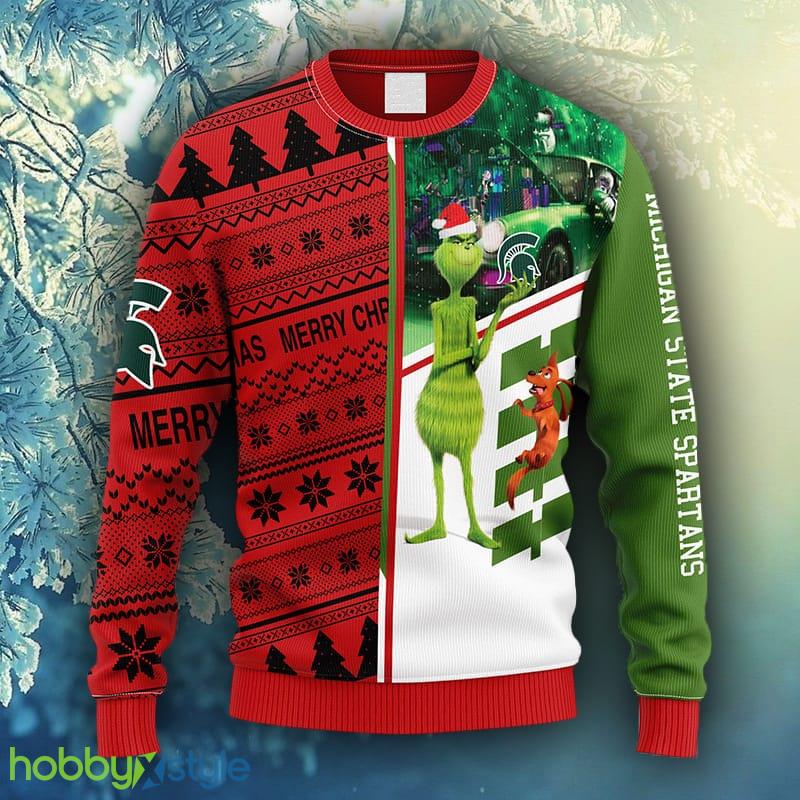 NCAA Christmas Michigan State Spartans Grinch & Scooby-Doo Christmas Ugly Sweater For Men Women - NCAA Michigan State Spartans Grinch & Scooby-Doo Christmas Ugly Sweater_1