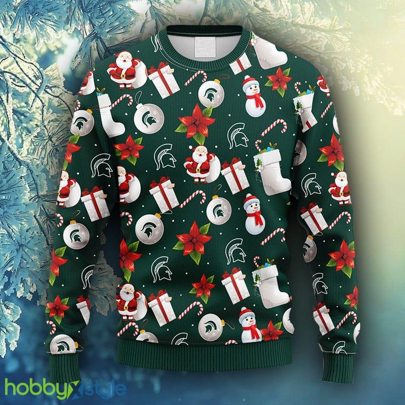NCAA Christmas Michigan State Spartans Santa Claus Snowman Christmas Ugly Sweater For Men Women - NCAA Michigan State Spartans Santa Claus Snowman Christmas Ugly Sweater_1