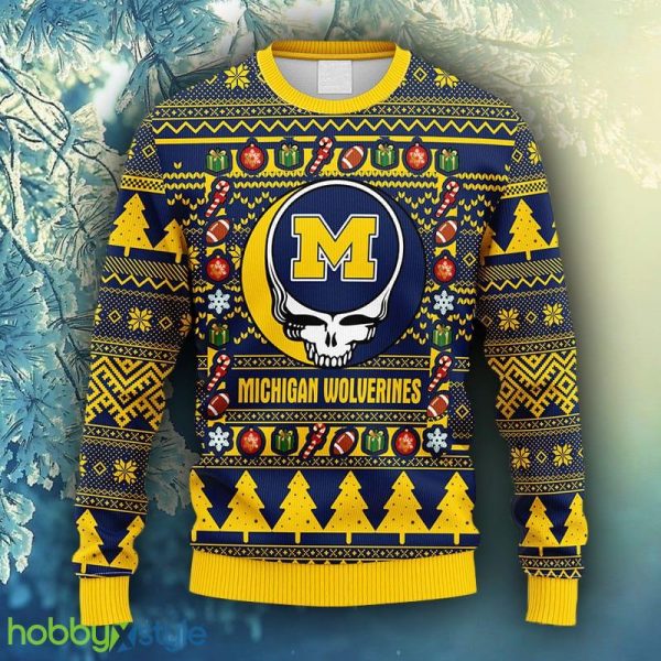 NCAA Christmas Michigan Wolverines Grateful Dead Ugly Christmas Fleece Sweater For Men Women - NCAA Michigan Wolverines Grateful Dead Ugly Christmas Fleece Sweater_1