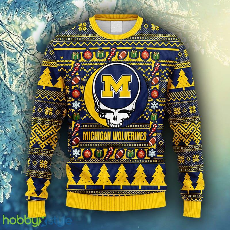 NCAA Christmas Michigan Wolverines Grateful Dead Ugly Christmas Fleece Sweater For Men Women - NCAA Michigan Wolverines Grateful Dead Ugly Christmas Fleece Sweater_1