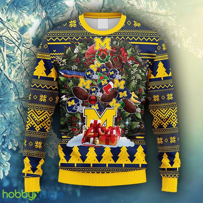 NCAA Christmas Michigan Wolverines Tree Ugly Christmas Fleece Sweater For Men Women - NCAA Michigan Wolverines Tree Ugly Christmas Fleece Sweater_1