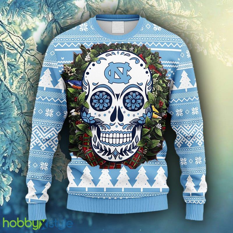 NCAA Christmas North Carolina Tar Heels Skull Flower Ugly Christmas Ugly Sweater For Men Women - NCAA North Carolina Tar Heels Skull Flower Ugly Christmas Ugly Sweater_1