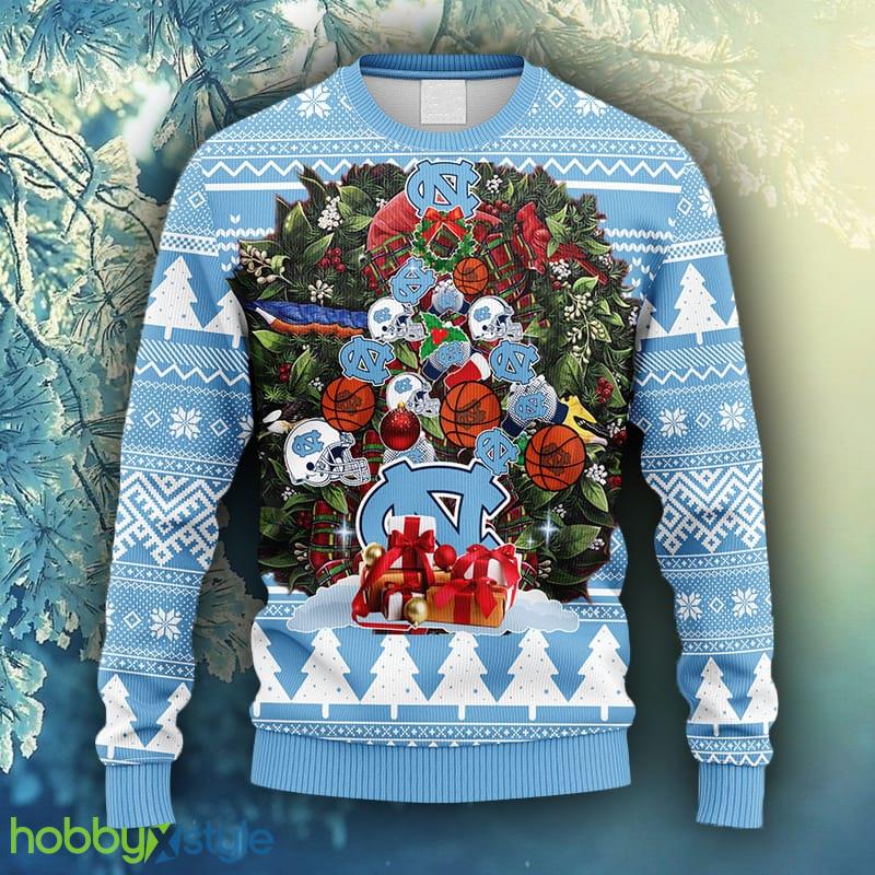 NCAA Christmas North Carolina Tar Heels Tree Ugly Christmas Fleece Sweater For Men Women - NCAA North Carolina Tar Heels Tree Ugly Christmas Fleece Sweater_1