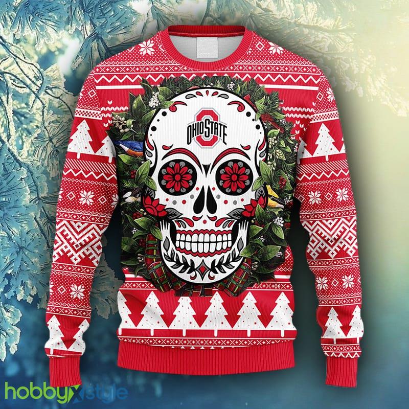 NCAA Christmas Ohio State Buckeyes Skull Flower Ugly Christmas Ugly Sweater For Men Women - NCAA Ohio State Buckeyes Skull Flower Ugly Christmas Ugly Sweater_1