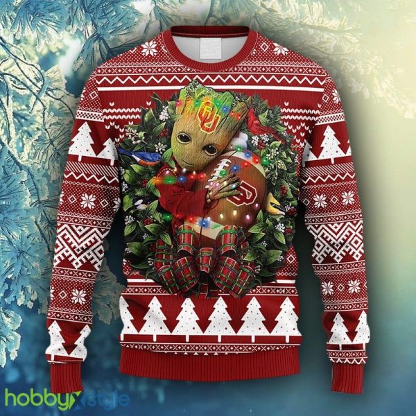 NCAA Christmas Oklahoma Sooners Groot Hug Christmas Ugly Sweater For Men Women - NCAA Oklahoma Sooners Groot Hug Christmas Ugly Sweater_1