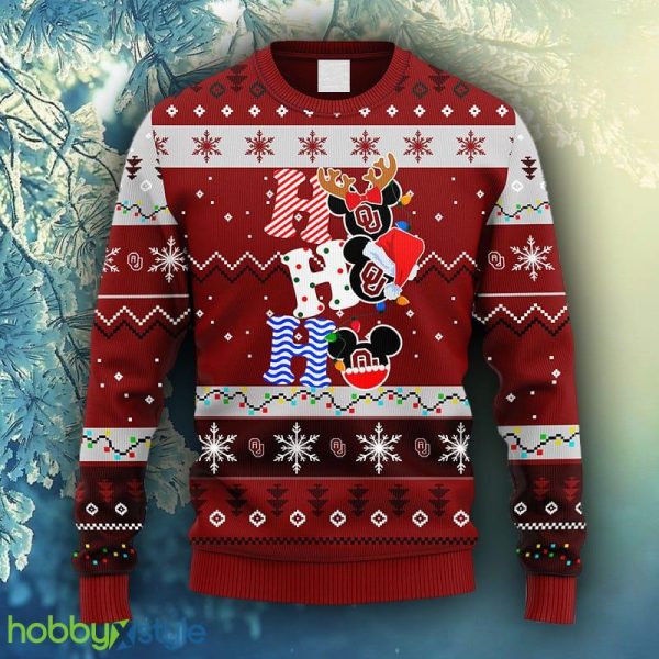 NCAA Christmas Oklahoma Sooners HoHoHo Mickey Christmas Ugly Sweater For Men Women - NCAA Oklahoma Sooners HoHoHo Mickey Christmas Ugly Sweater_1